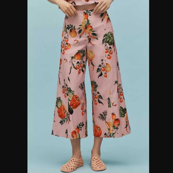 New 2 Maeve Anthropologie garden vegetable high-rise printed crop wide-leg pants - Picture 2 of 11